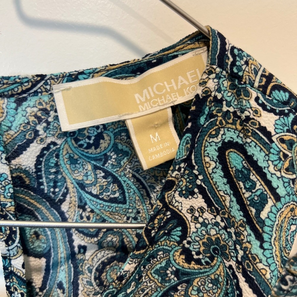 MICHAEL Michael Kors Cold Shoulder Paisley Blouse Top Teal Blue Women's M - Picture 2 of 9